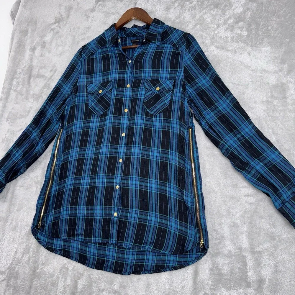 True Religion Plaid Top Logo Black Aqua‎ Blue Tunic Zip Women's Size Large Snaps